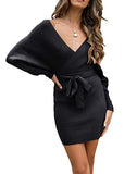 Women's Long Batwing Sleeve Wrap V Neck Knitted Backless Bodycon Pullover Sweater Dress with Belt | Women's Sweaters
