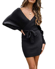 Women's Long Batwing Sleeve Wrap V Neck Knitted Backless Bodycon Pullover Sweater Dress with Belt