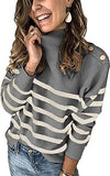 Women's Winter Long Sleeve Knitted Sweater Turtleneck Striped Loose Pullover (Color : Gray, Size : S)