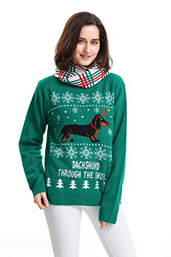 Shineflow Women's Dachshund Through The Snow Ugly Christmas Sweater Pullover Jumper