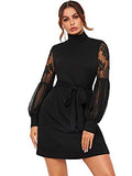 Women's Mesh Bishop Sleeve Mock Neck Solid Tunic Short Dress | Women's Evening Gowns