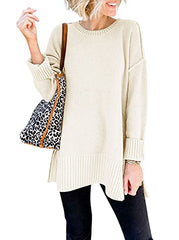 Women's Crewneck Sweater Long Sleeve Side Slit Loose Knit Pullover Jumper Tunic Tops