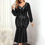 Women's Flowy Mermaid Party Maxi Long Dresses Sexy V Neck Long Sleeve Shiny Glitter Plus Size Dress | Original Brand