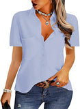 Light Blue Short Sleeve Womens Casual Button Down Shirts V Neck Chiffon Long Sleeve Collared Office Work Blouses Tops with Pocket - AISEW | Women's Tops and Blouses