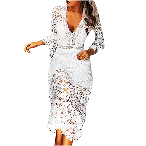 Flare Sleeve Dress For Women Bodycon Mermaid Lace Floral Dresses V-neck Formal Cocktail Comfy Dress For Wedding Guest