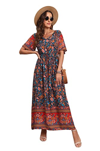 Peony Navy Blue Summer Maxi Boho Beach Dress Floral Print Dress V Neck Short Sleeve Drawstring High Waist Flowy Long Midi Dresses - GRECERELLE