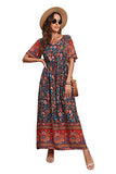 Peony Navy Blue Summer Maxi Boho Beach Dress Floral Print Dress V Neck Short Sleeve Drawstring High Waist Flowy Long Midi Dresses - GRECERELLE | Women's Casual Dresses