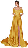 Off Shoulder Long Satin Prom Dresses A-line with Split Pockets Formal and Evening Ball Gowns