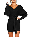 Mansy Women's Sexy Cocktail Batwing Long Sleeve Backless Mock Wrap Knit Sweater Mini Dress