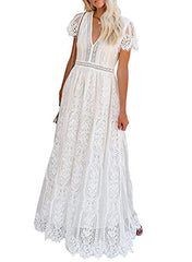 Women Deep V Neck Short Sleeve Floral Lace Bridesmaid Maxi Dress Cocktail Party Evening Gown