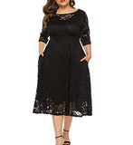 Womens Floral Lace Plus Size Midi Dress Scooped Neckline Cocktail Party Dresses | Women's Formal Dresses