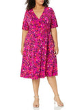 Women's Elbow Sleeve Faux Wrap Ditsy Floral Print Matte Jersey Dress