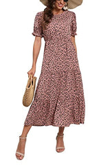 Pink Summer Midi Dress Floral Print Boho Dress Ruffle Puff Sleeve High Waist A-Line Casual Boho Cocktail Holiday Beach Long Dress - GRECERELLE