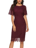 Short Wine Women's Short Sleeve Lace Floral Cocktail Dress Crew Neck Knee Length for Party - MEROKEETY | Women's Cocktail Dresses