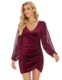 Womens V Neck Long Sleeve Dress Velvet Bodycon Ruched Side Asymmetrical Cocktail Party Dresses