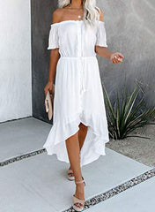 Women Off Shoulder Casual Maxi Dresses Short Sleeve High Low Ruffle Bridesmaid Evening Party Dress