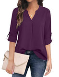 Magenta Women's Casual Chiffon V Neck 3/4 Sleeve Blouse Tops - Timeson | Women's Tops and Blouses