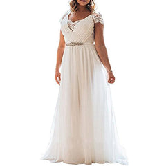 Scallop Appliques Lace Short Sleeve Plus Size Beach Wedding Dress For Bride