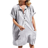 Casual Shirts Dress for Women V-Neck Short Sleeve Skirt Stripe Print Button Pocket Beach Dress Loose Knee-Length Dress | Original Brand