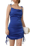 Cowl Neck String Along Mini Dress Side Ruched Silky Slip Camisole Dresses