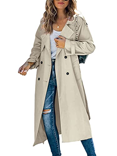 Makkrom Women's Double Breasted Long Trench Coat Windproof Classic Lapel Slim Overcoat with Belt