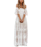 Womens Casual Off Shoulder Maxi Dress White Lace Sleeve Beach Dresses