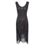 Women Vintage 1920s Flapper Gatsby Party Fancy Dress V Neck Art Deco Sequin Fringed Beaded Mermaid Hem Cocktail Evening Long Prom Ball Gown with Sleeve Plus Size