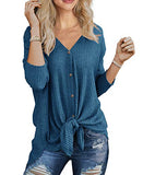 IWOLLENCE Womens Loose Henley Blouse Bat Wing Long Sleeve Button Down T Shirts Tie Front Knot Tops Gray Blue Medium | Women's Tops and Blouses