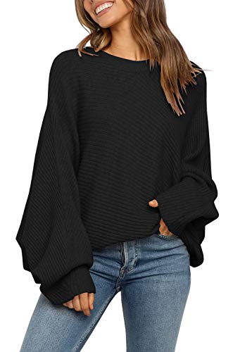 Women's Oversized Crewneck Sweater Batwing Puff Long Sleeve Cable Slouchy Pullover Jumper Tops  