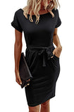 Black Summer Dresses Round Neck Short Sleeve T Shirt Midi Casual Dress Tie Waist with Pockets - Jaksenr | Women's Casual Dresses