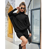 Women's Cold Shoulder Knit Dress Mock Neck Batwing Sleeve Elegant Stretchy Mini Sweater Dress