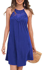 Womens Summer Sleeveless Halter Neck Lace Tunic Tank Dress Casual Short Es