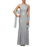 Women's Long Sleeveless Dress with Beaded Detail Faux Belt and Shawl Special Occasion