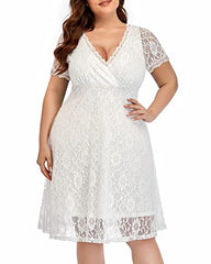 Women Plus Size Lace Wedding Guest Cocktail Graduation Formal Wrap V Neck Short Sleeve Midi Dresses