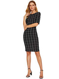 Women's Short Sleeve Plaid Grid Round Neck Elegant Sheath Pencil Bodycon Dress | Women's Work Dresses