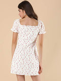 Women's Floral Puff Sleeve Sweetheart Neckline Ruched Front Ruffled Dresses