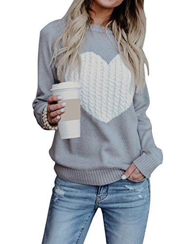 Lamesa Women Sweaters Heart Front Crew Neck Long Sleeve Knitted Pullover Sweater