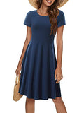 Navy Spring/Summer Casual Women Short Sleeve Round Neck A Line Fit and Flare Midi Skater Dress - HUHOT | Women's Casual Dresses