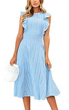 ECOWISH Womens Dresses Elegant Ruffles Cap Sleeves Summer A-Line Midi Dress