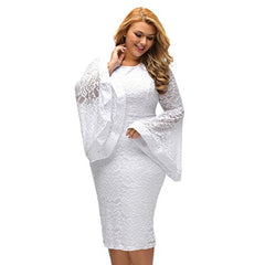 Sexy All White Plus Size Dress For Women Bell Sleeves Lace Dress Party Dress