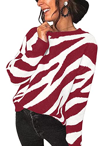 KIRUNDO Women's Sweaters Crew Neck Casual Long Sleeve Sweater Zebra Striped Print Color Block Knit Sweater Pullover Tops