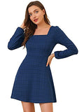 Allegra K Women's Fall Vintage Square Neck Long Sleeve Plaid Dress