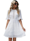 Women's Swiss Dot A Line Dress Round Neck Half Sleeve Mini Boho Dresses | Women's Lace Dresses