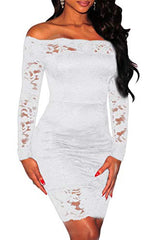 Womens Sexy Floral Lace Sheer Off Shoulder Bodycon Mini Dress