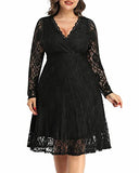Women Plus Size Floral Lace V Neck Long Sleeve Knee Length Wedding Guest Cocktail Dress | Women's Casual Dresses