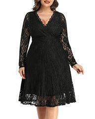 Women Plus Size Floral Lace V Neck Long Sleeve Knee Length Wedding Guest Cocktail Dress