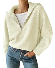 Women's Casual Long Sleeve Half Zip Pullover Sweaters Solid V Neck Collar Ribbed Knitted Loose Slouchy Jumper Tops