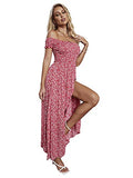 Red Women's Boho Floral Print Off Shoulder Split Long A Line Dress - Floerns | Women's Formal Dresses