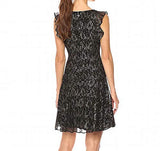 Women's Gold Floral Mesh Lace Dress With Flutter Sleeve | Women's Evening Gowns