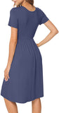 Blue Gray Crewneck Women Summer Casual Short Sleeve Dresses Empire Waist Dress With Pockets - Db Moon | Women's Casual Dresses